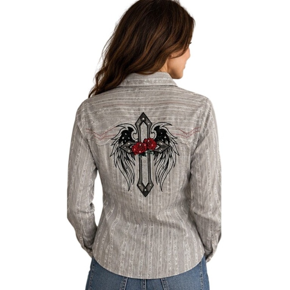 Vintage Celle Womens Gray Striped Rose Winged Cross Western Pearl Snap Shirt XL